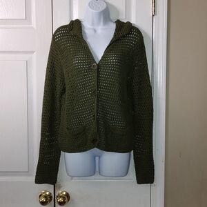 Army green crochet button front cardigan Sz L
